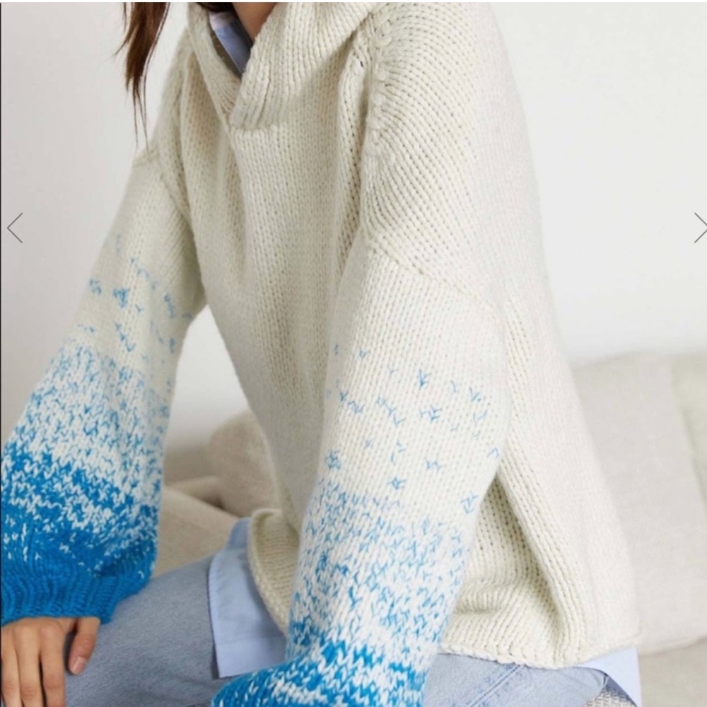 Brochu Walker Cashmere Blend Hooded Sweater Cream Blue Chunky Knit M
